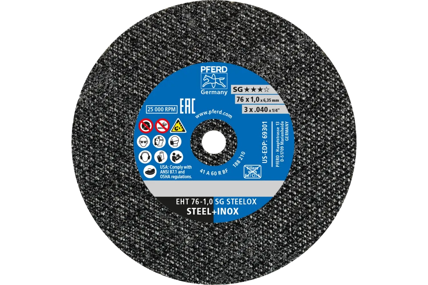 Picture of Pferd Die Grinder Cut-Off Wheel, 3" X .040 X 1/4, Sg Steelox, T1, Aluminum Oxide